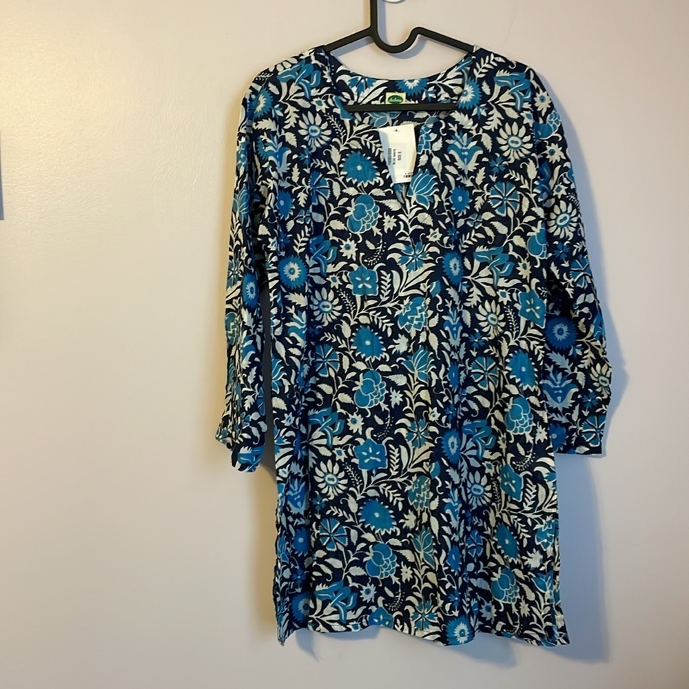 Dolma Floral Cotton Blue White 3/4 Sleeve Tunic Top size S